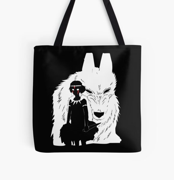 Princess Mononoke And Wolf Illustration - Black And White All Over Print Tote Bag RB2212 product Offical GHIBLI1 Merch